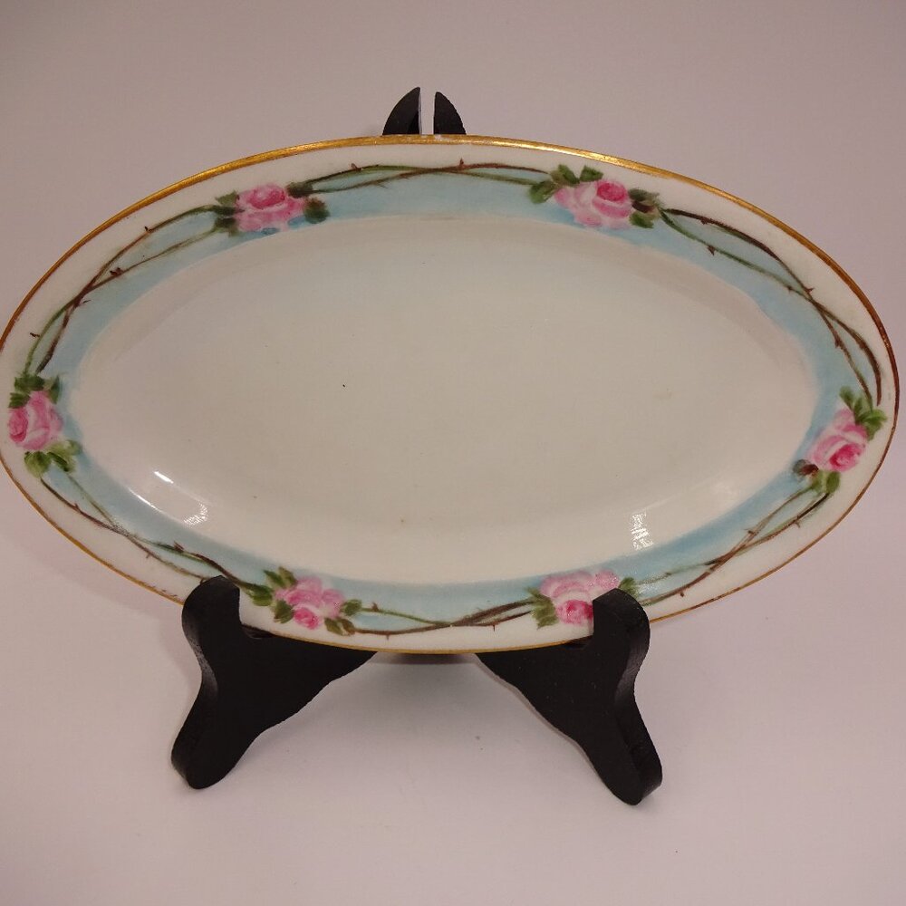 Vintage Oval J&C Bavaria Handpainted Relish Dish White Blue Pink Roses Flowers